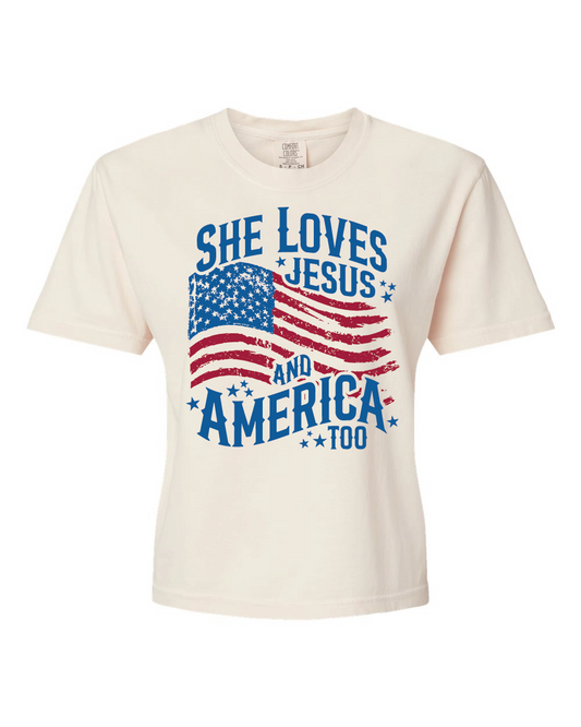 She Loves Jesus and America Too Ladies Tee